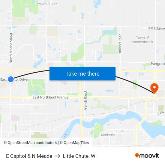 E Capitol & N Meade to Little Chute, WI map