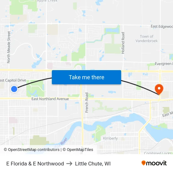 E Florida & E Northwood to Little Chute, WI map