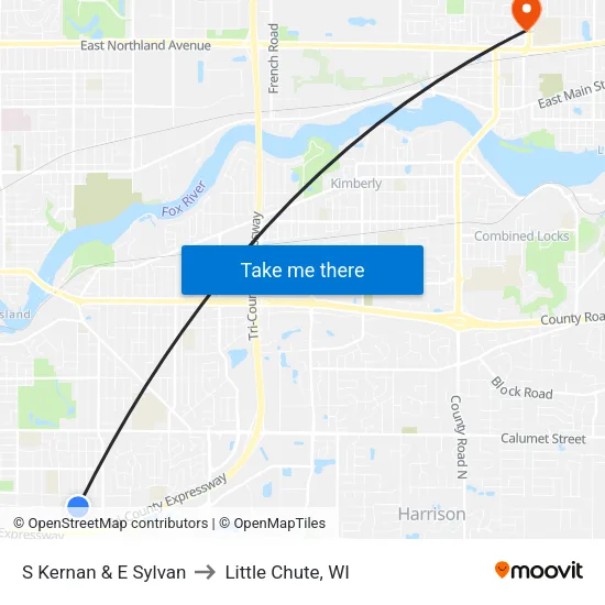 S Kernan & E Sylvan to Little Chute, WI map