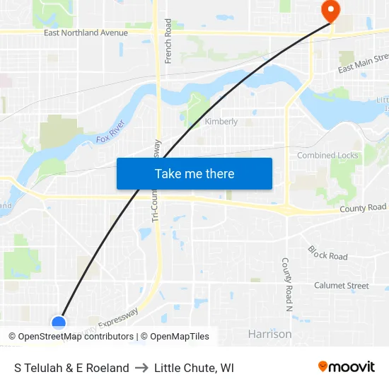 S Telulah & E Roeland to Little Chute, WI map