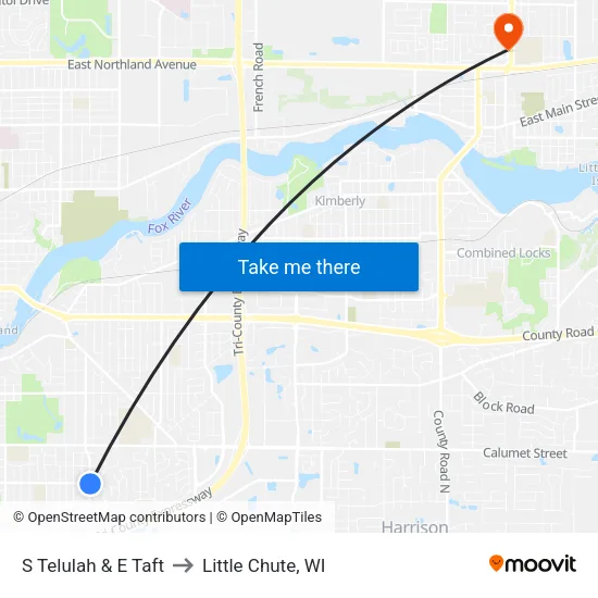 S Telulah & E Taft to Little Chute, WI map