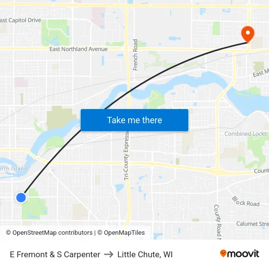 E Fremont & S Carpenter to Little Chute, WI map