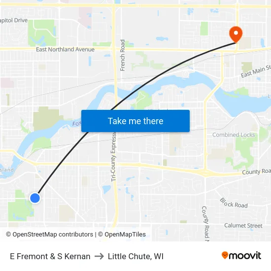 E Fremont & S Kernan to Little Chute, WI map