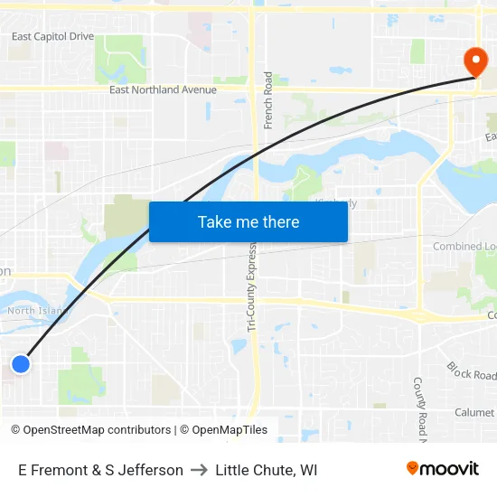 E Fremont & S Jefferson to Little Chute, WI map