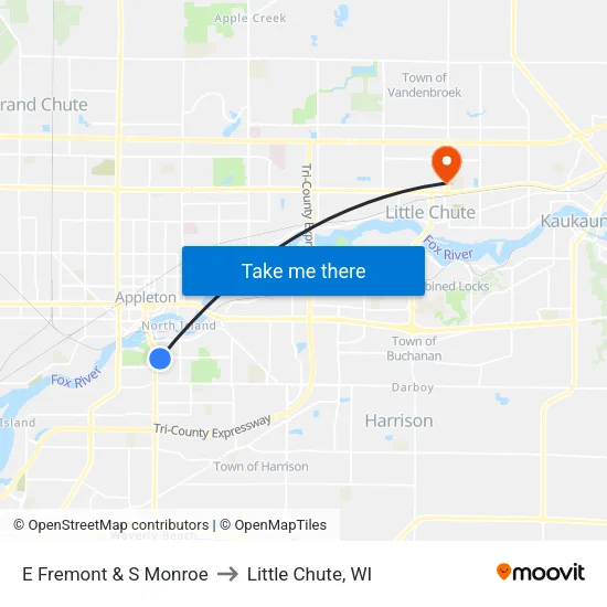 E Fremont & S Monroe to Little Chute, WI map