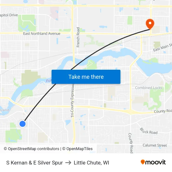 S Kernan & E Silver Spur to Little Chute, WI map