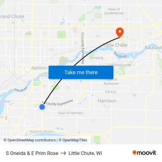S Oneida & E Prim Rose to Little Chute, WI map