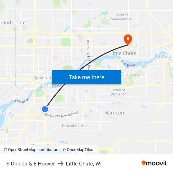 S Oneida & E Hoover to Little Chute, WI map