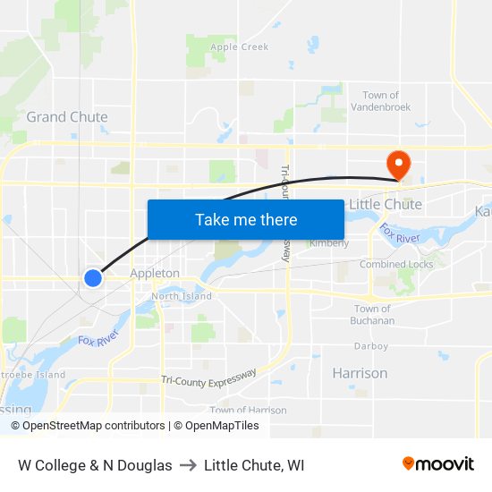 W College & N Douglas to Little Chute, WI map