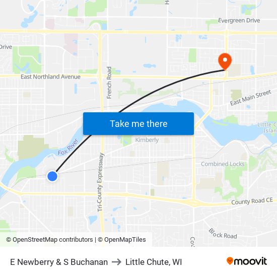 E Newberry & S Buchanan to Little Chute, WI map