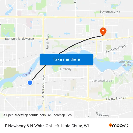E Newberry & N White Oak to Little Chute, WI map