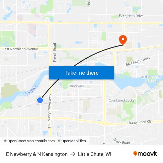 E Newberry & N Kensington to Little Chute, WI map