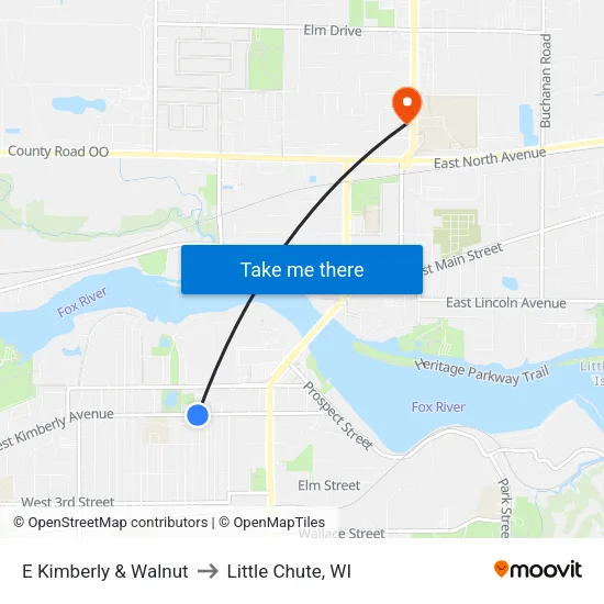 E Kimberly & Walnut to Little Chute, WI map