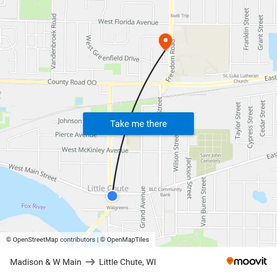 Madison & W Main to Little Chute, WI map