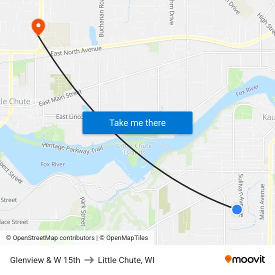 Glenview & W 15th to Little Chute, WI map