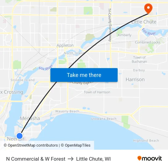 N Commercial & W Forest to Little Chute, WI map