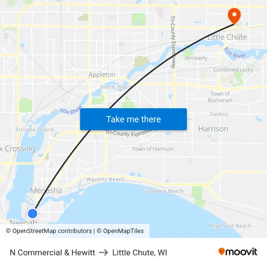 N Commercial & Hewitt to Little Chute, WI map