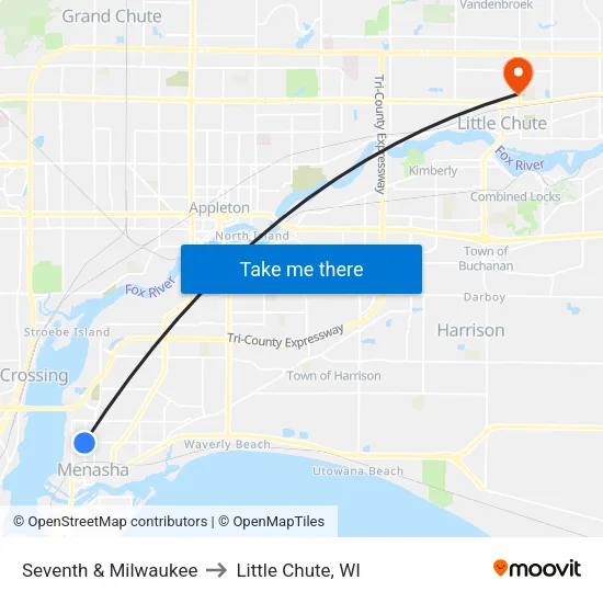 Seventh & Milwaukee to Little Chute, WI map