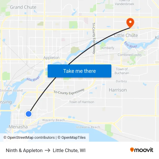 Ninth & Appleton to Little Chute, WI map