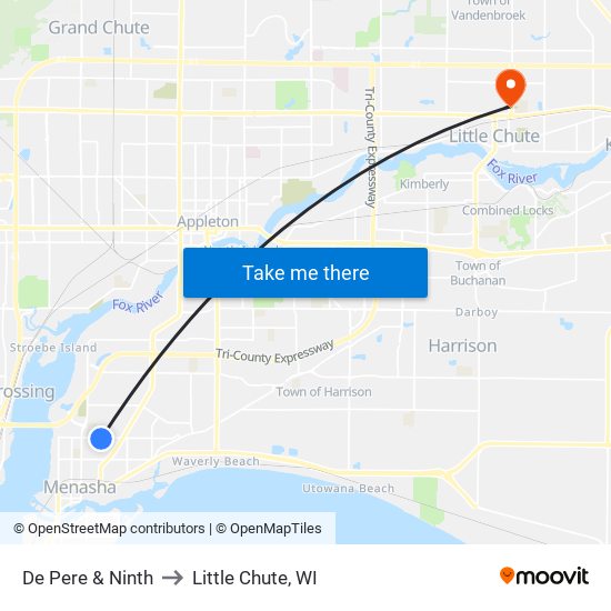 De Pere & Ninth to Little Chute, WI map