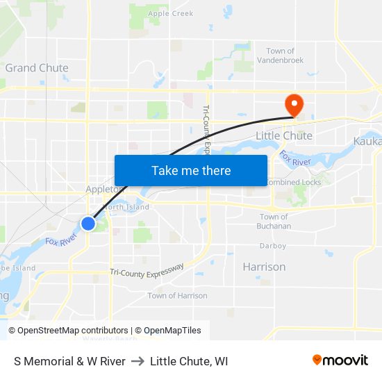 S Memorial & W River to Little Chute, WI map