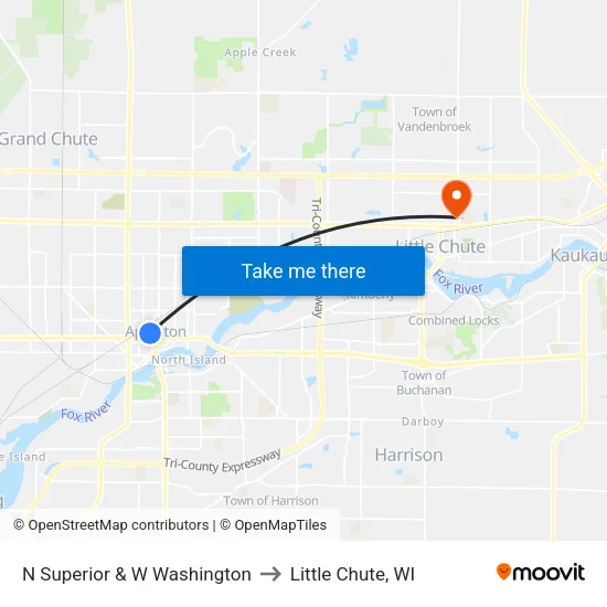 N Superior & W Washington to Little Chute, WI map