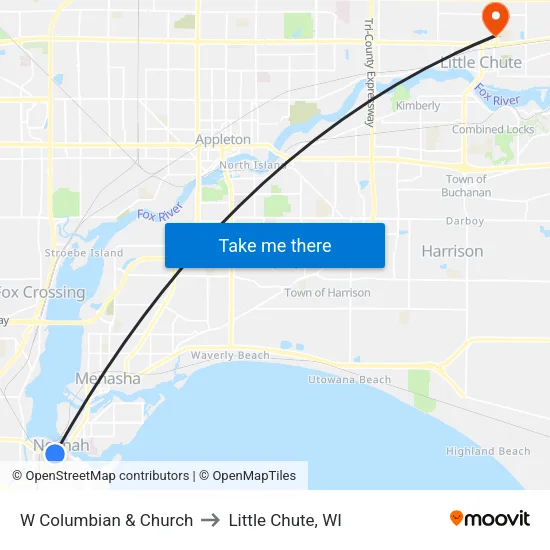 W Columbian & Church to Little Chute, WI map