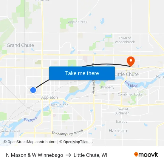 N Mason & W Winnebago to Little Chute, WI map