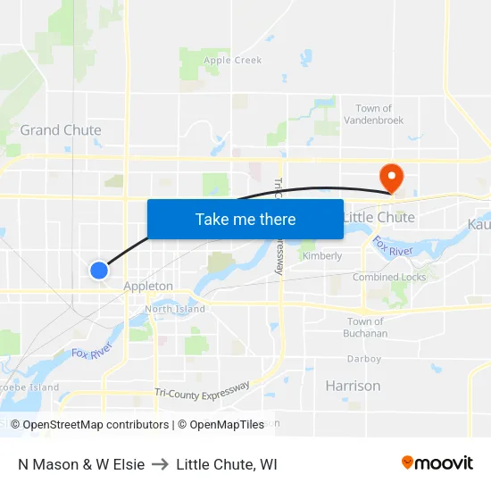 N Mason & W Elsie to Little Chute, WI map