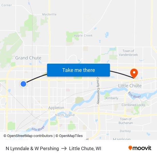 N Lynndale & W Pershing to Little Chute, WI map