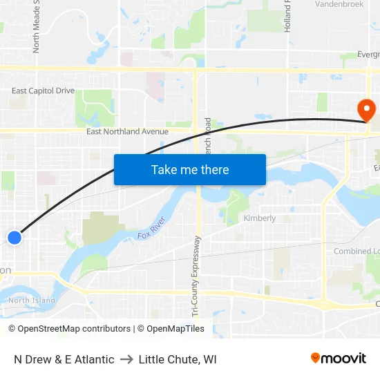N Drew & E Atlantic to Little Chute, WI map