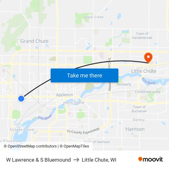 W Lawrence & S Bluemound to Little Chute, WI map