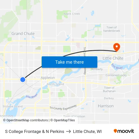 S College Frontage & N Perkins to Little Chute, WI map