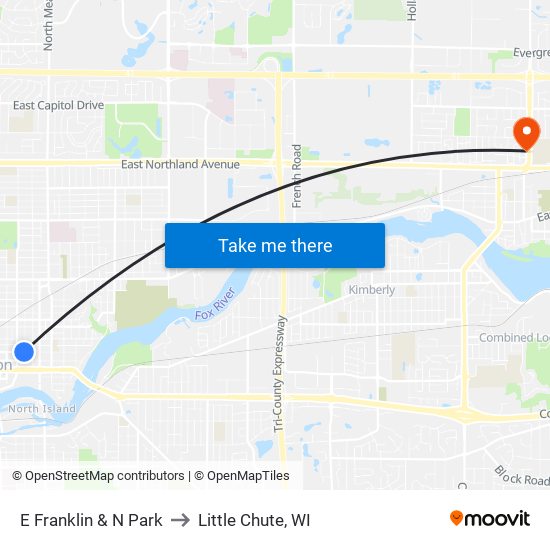 E Franklin & N Park to Little Chute, WI map