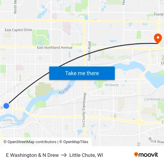 E Washington & N Drew to Little Chute, WI map