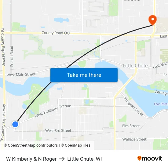 W Kimberly & N Roger to Little Chute, WI map
