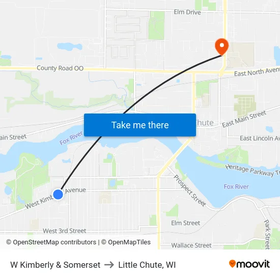 W Kimberly & Somerset to Little Chute, WI map