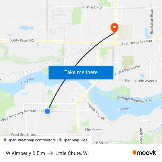 W Kimberly & Elm to Little Chute, WI map
