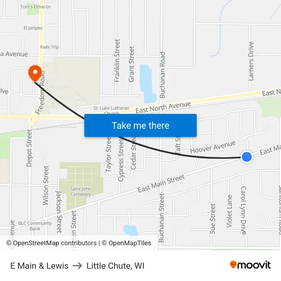 E Main & Lewis to Little Chute, WI map