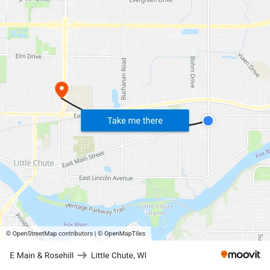 E Main & Rosehill to Little Chute, WI map