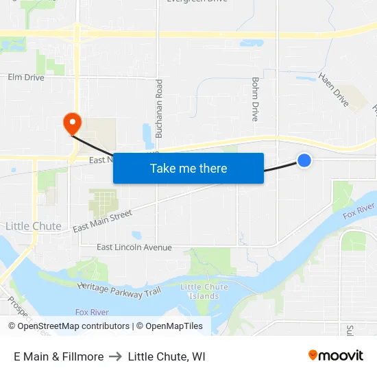E Main & Fillmore to Little Chute, WI map