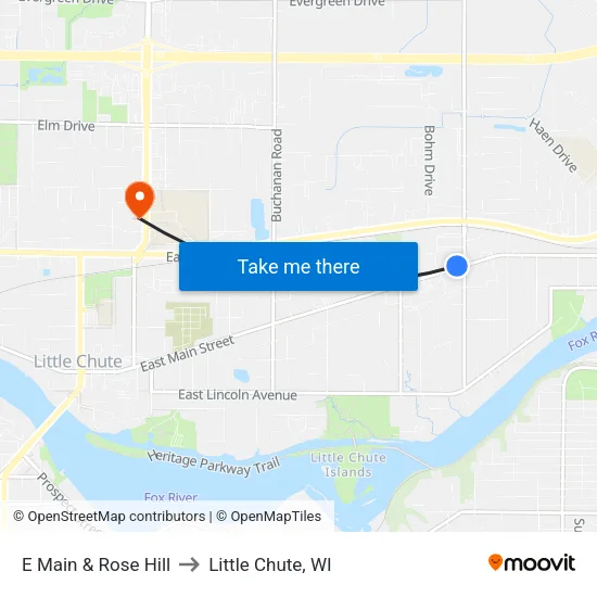 E Main & Rose Hill to Little Chute, WI map