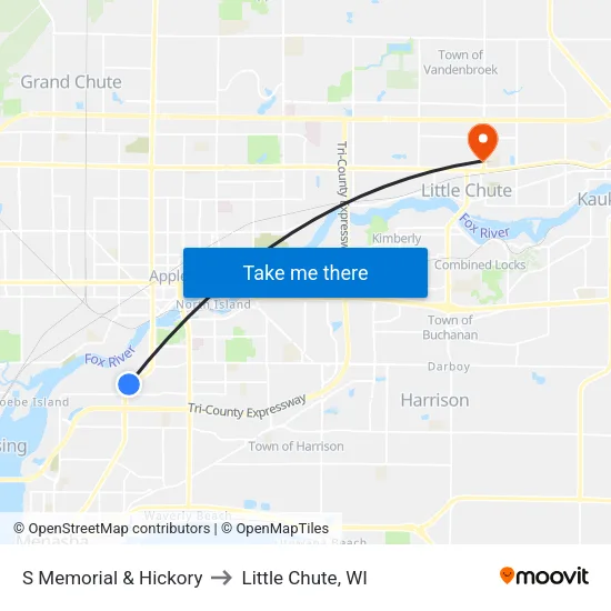S Memorial & Hickory to Little Chute, WI map
