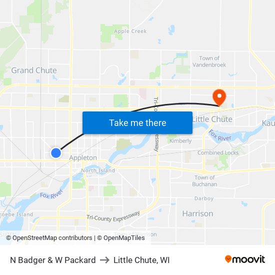 N Badger &  W Packard to Little Chute, WI map