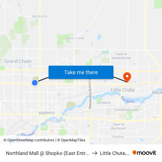 Northland Mall @ Shopko (East Entrance) to Little Chute, WI map