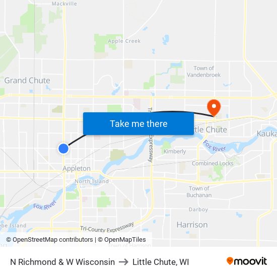 N Richmond & W Wisconsin to Little Chute, WI map