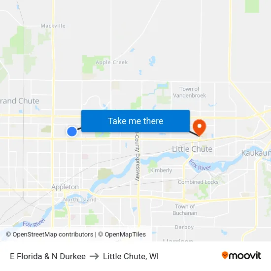 E Florida & N Durkee to Little Chute, WI map