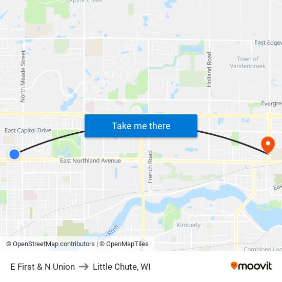 E First & N Union to Little Chute, WI map