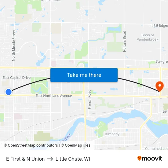 E First & N Union to Little Chute, WI map