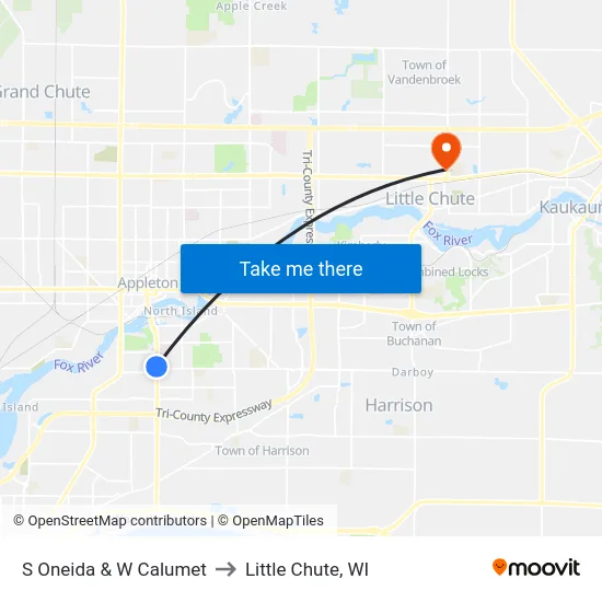 S Oneida & W Calumet to Little Chute, WI map